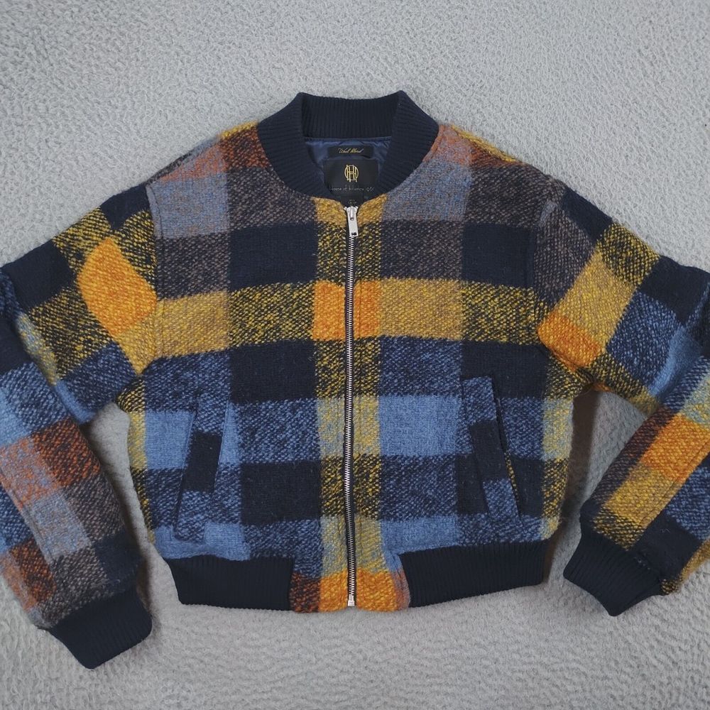 House of Harlow 1960 Plaid Bomber Jacket in Navy, Yellow, Light Blue